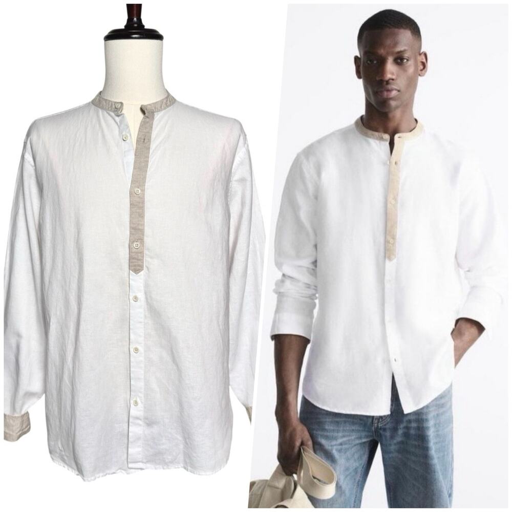 Zara | Men | White Cotton Linen Classic Collarless LS Button Up Shirt